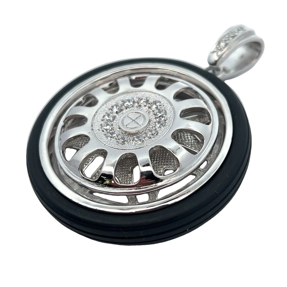 12 Spoke Spinner Rim with Tire CZ Pendant .925 Sterling Silver