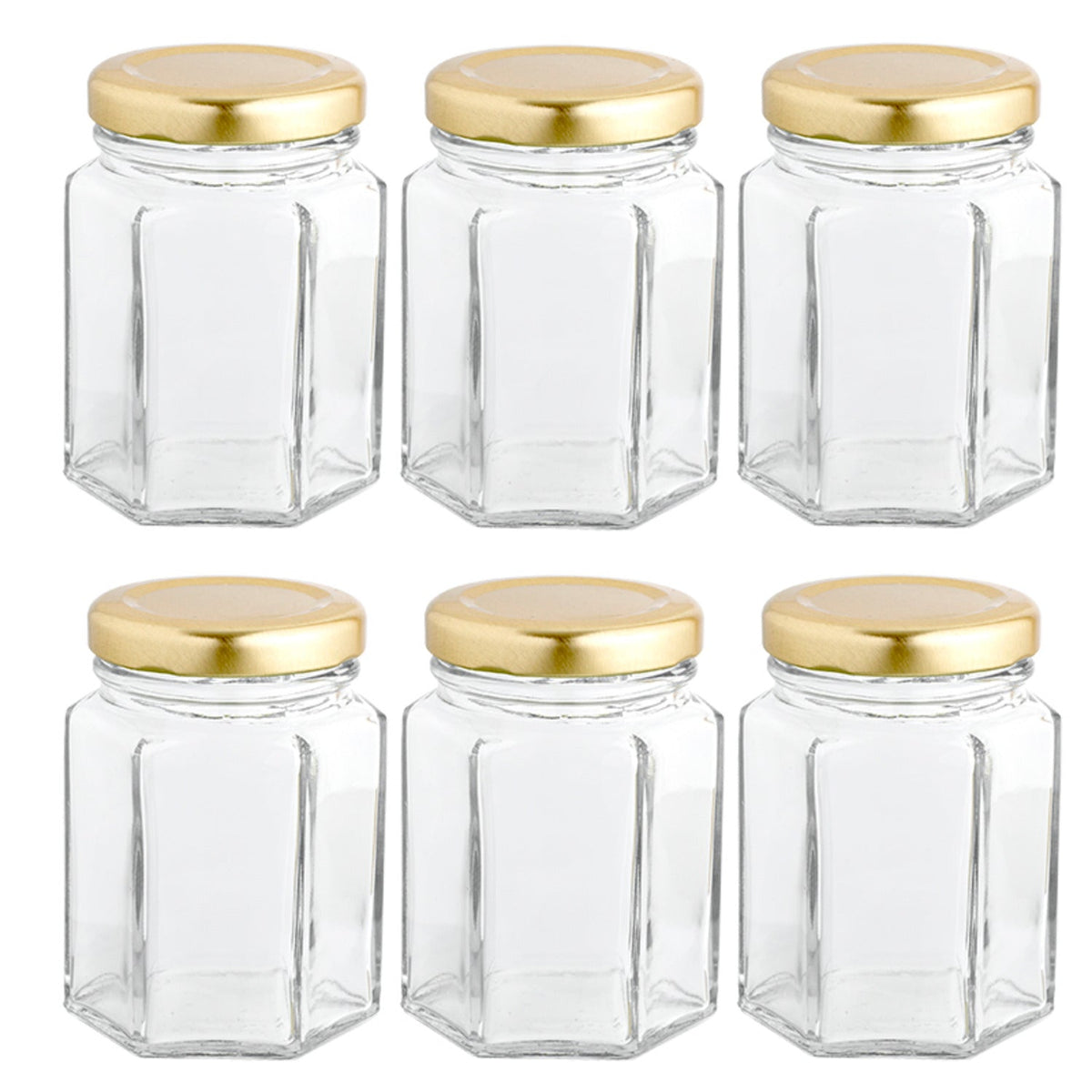 6 Hexagonal Mini Glass Jam Jars With Lids 110ml