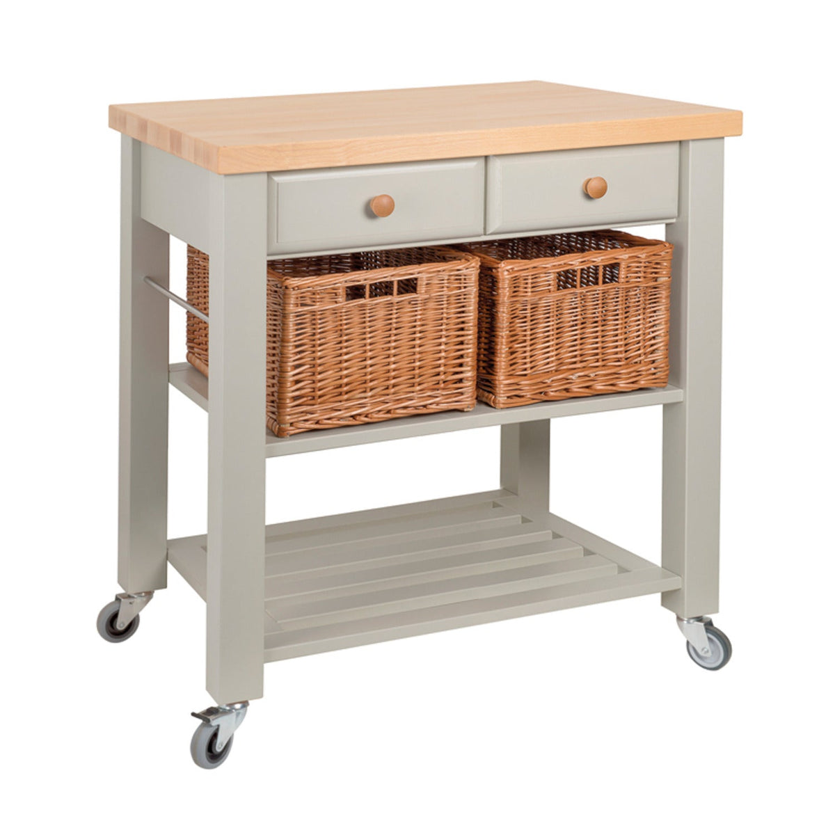 Eddingtons Two Drawer French Grey Lambourn Trolley Beech Top