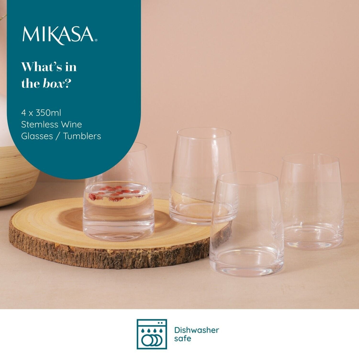4 Mikasa Palermo Stemless Glasses, 350ml