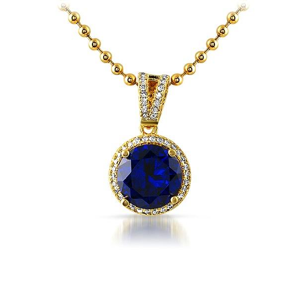 .925 Silver Gold M Round Blue Gem Iced Pendant