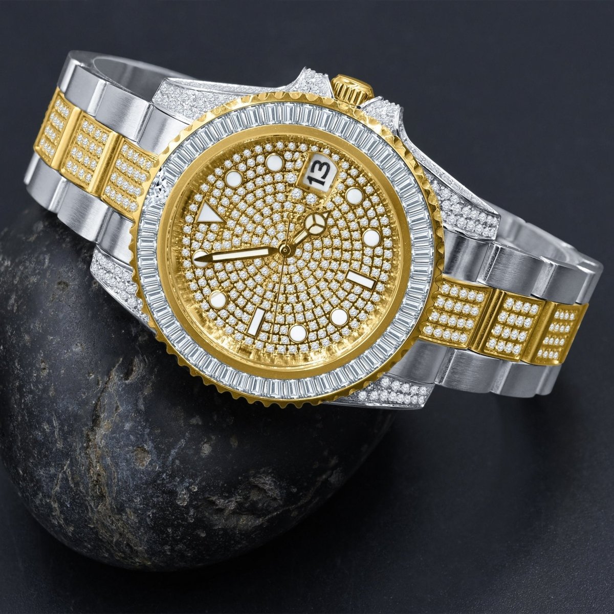 Baguette Bezel CZ Mid Link Date Hip Hop Watch