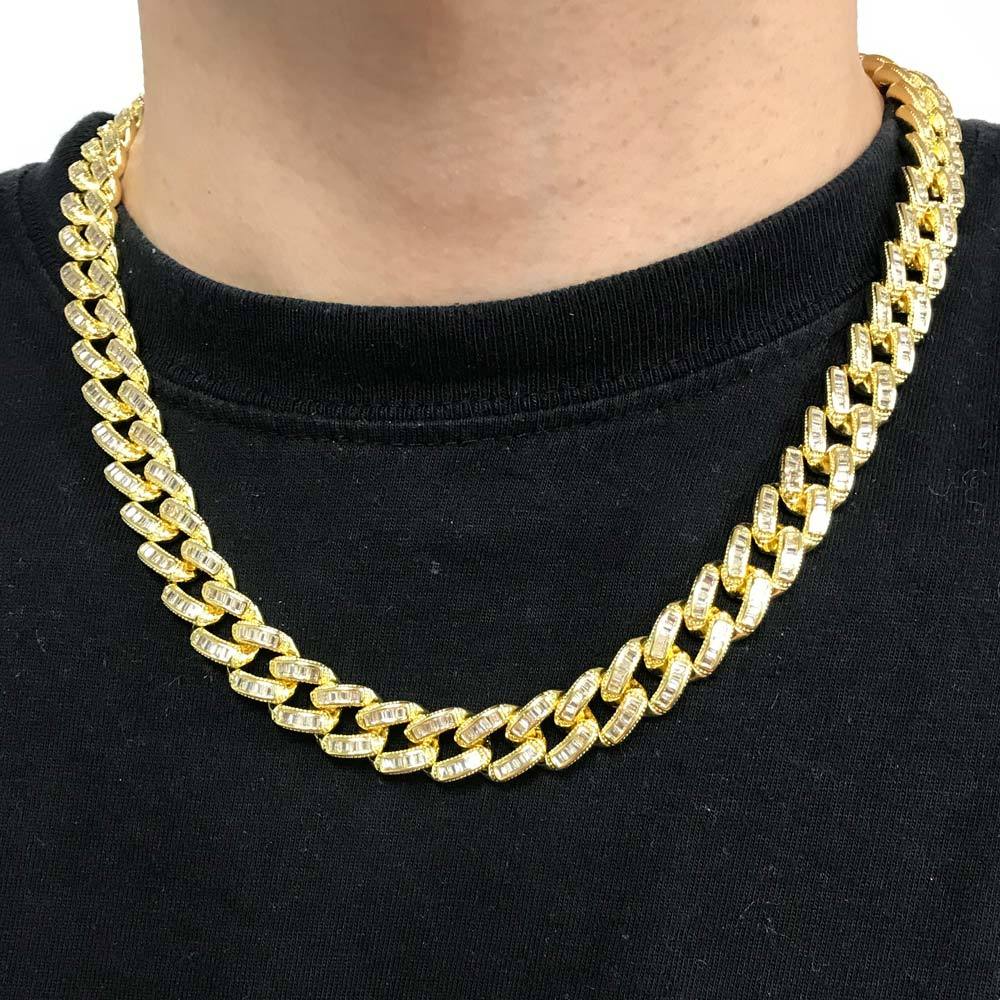 Baguette Stones Cuban Chain 11MM Wide White / Yellow Gold