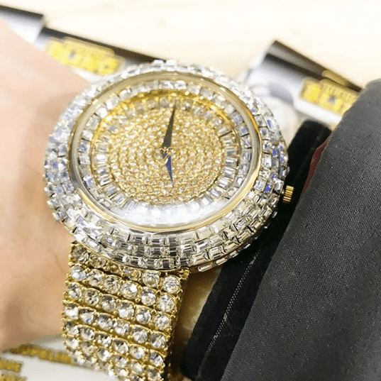 Custom Gold Iced Out Baguette Orbit 6 Row Watch
