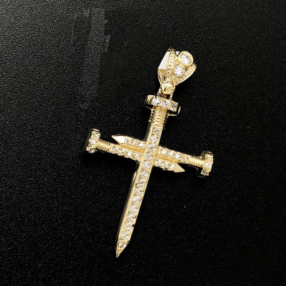 Nail Cross CZ 10K Yellow Gold Pendant
