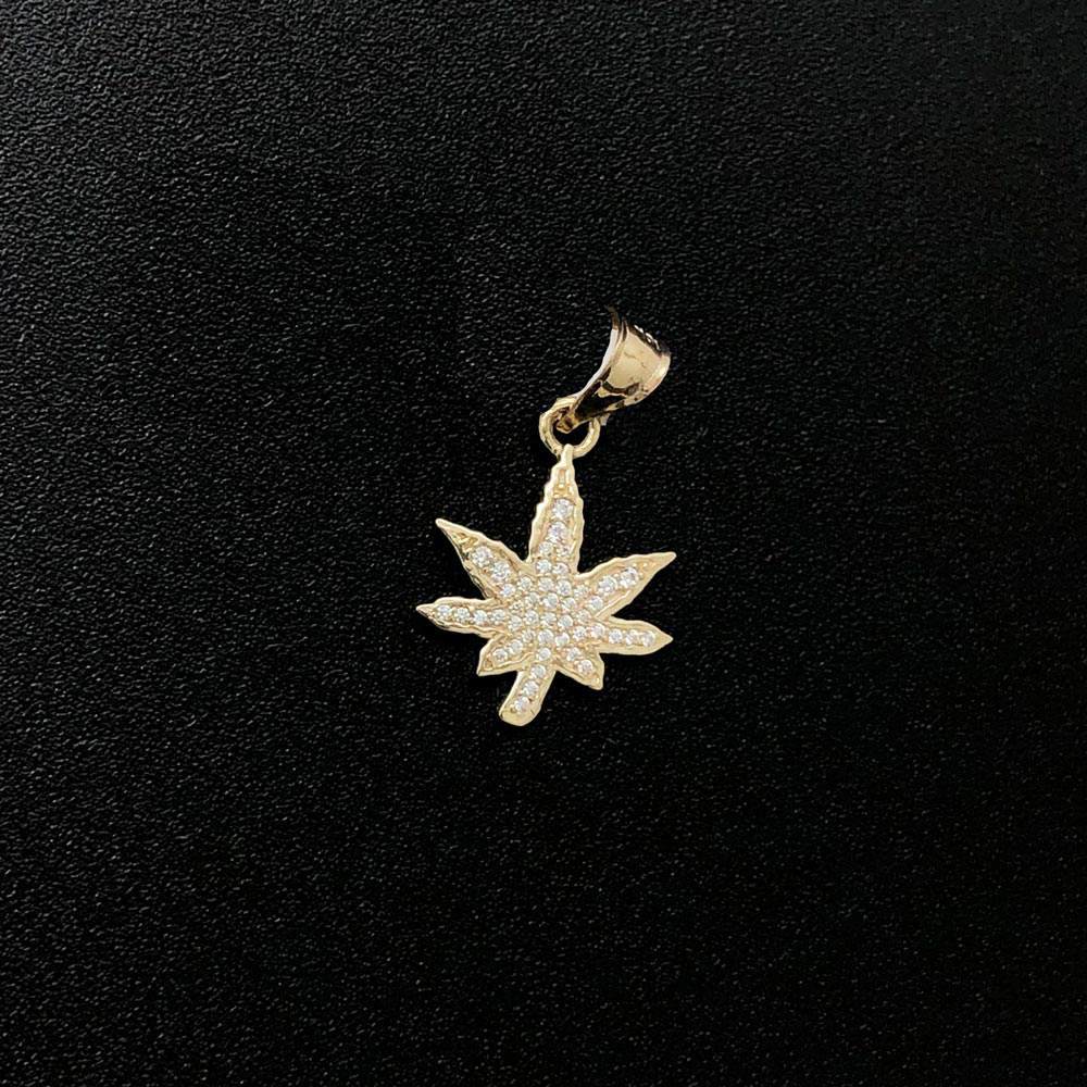 Nano Marijuana Leaf CZ 10K Yellow Gold Pendant