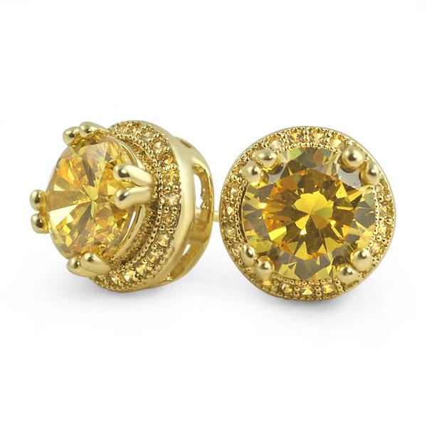 Pave Ice Border Gold CZ Solitaire Bling Bling Earrings