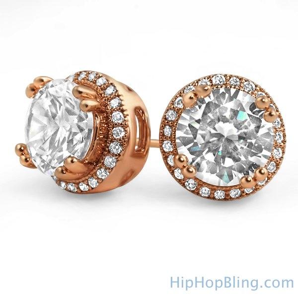Pave Ice Border Gold CZ Solitaire Bling Bling Earrings