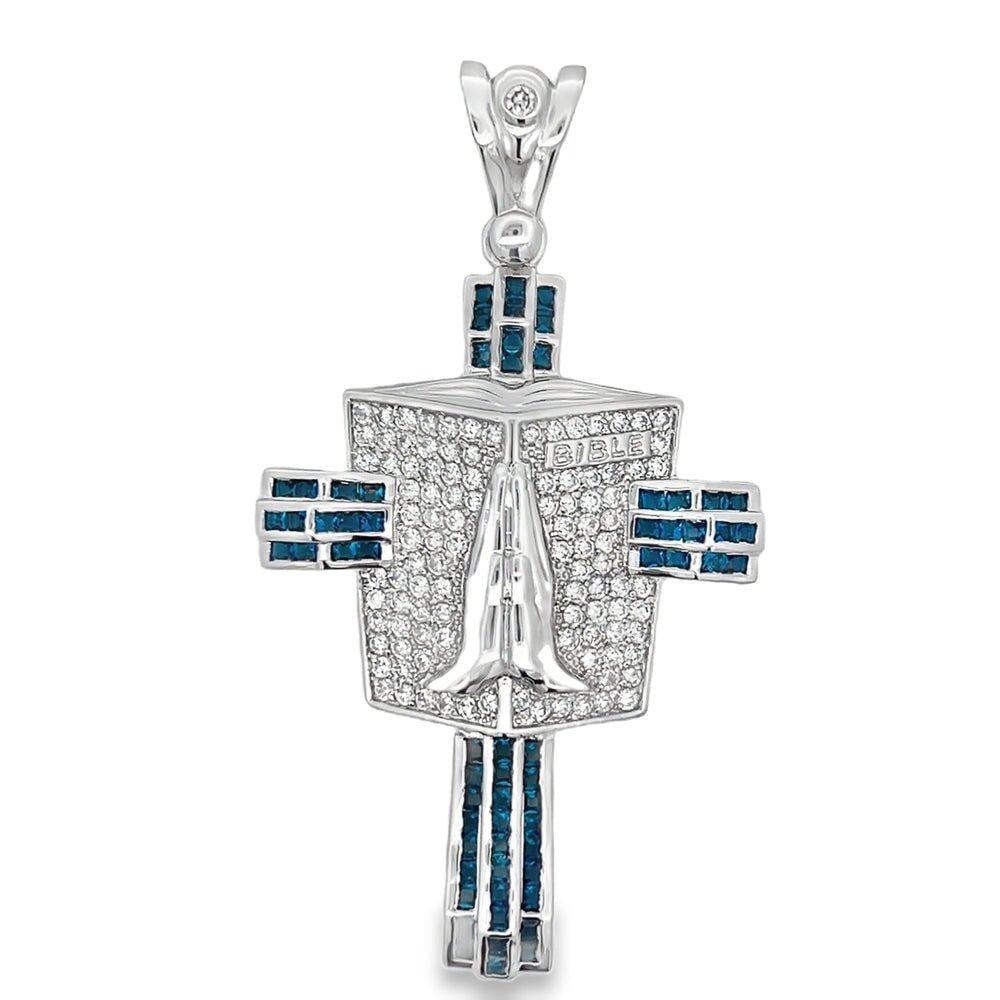 Prayer Bible Blue Baguette Cross CZ Pendant .925 Sterling Silver