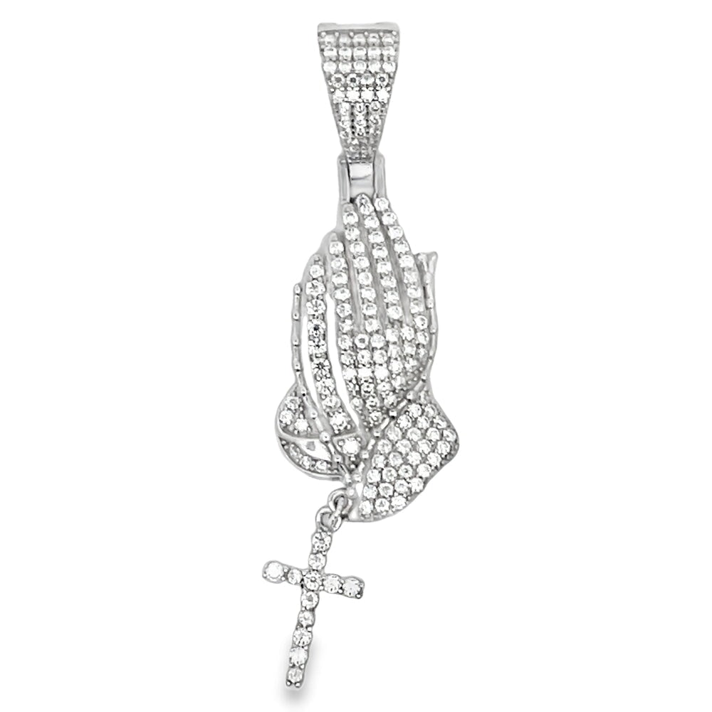 Prayer Hands Cross Iced Out Moissanite Pendant .925 Sterling Silver