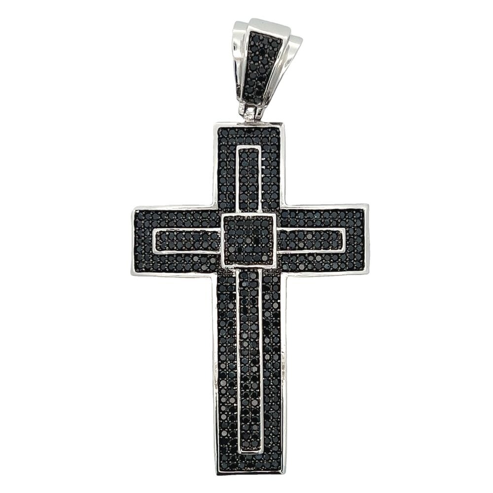 Rhodium Layered Black CZ Iced Out Cross Pendant