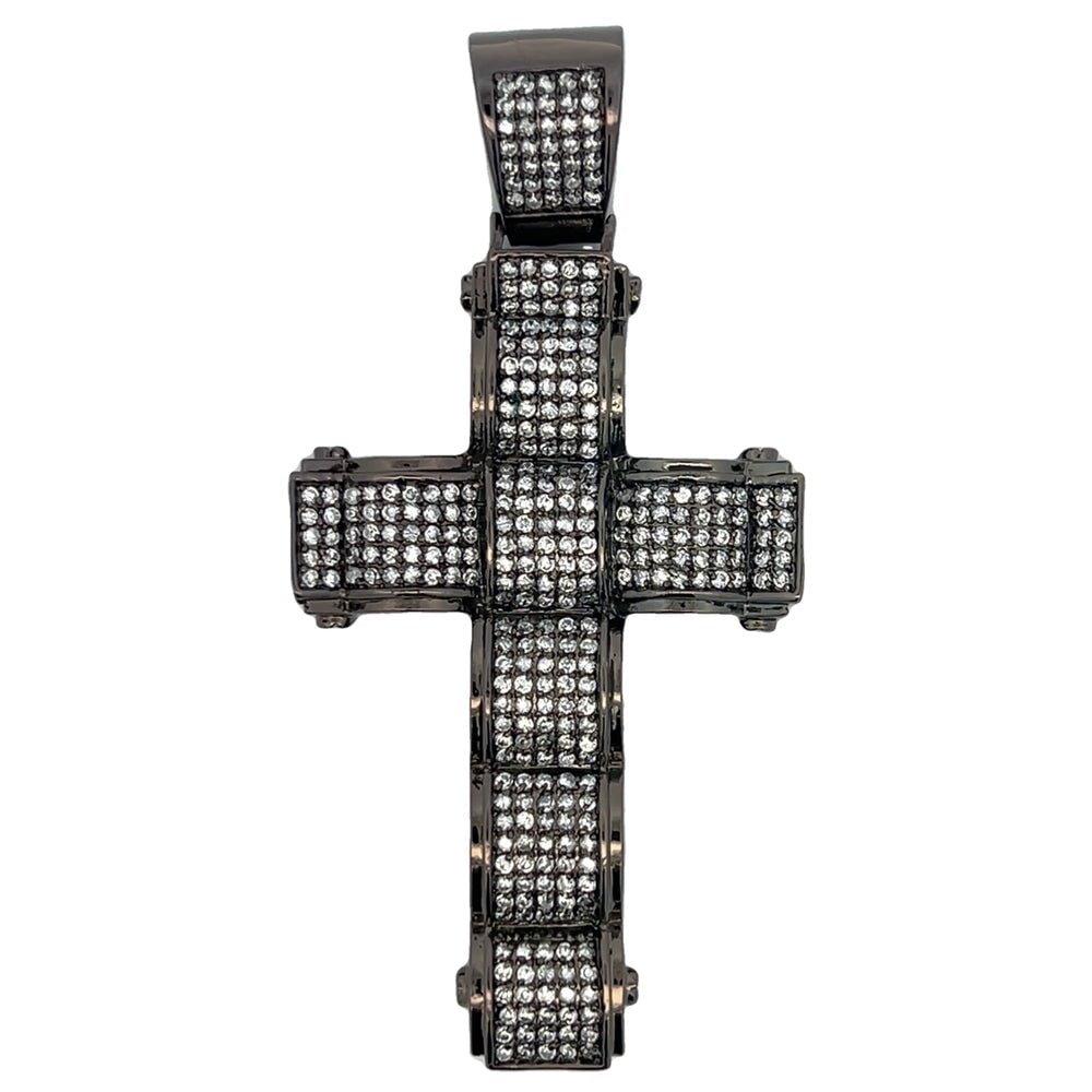 Ribbed CZ Black Cross Iced Out Pendant