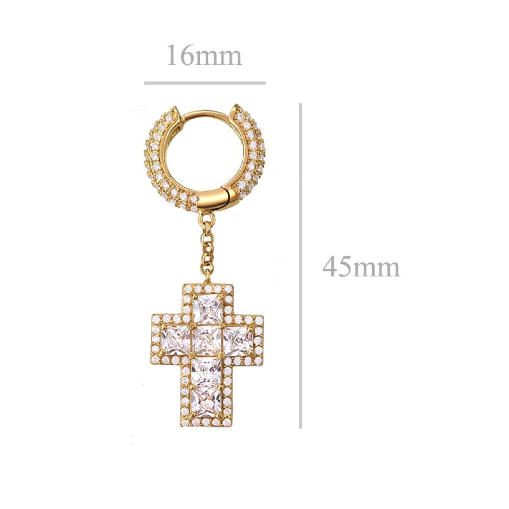 Thick Princess Cross Dangling Huggie Hoop Icedout Earrings .925 Silver