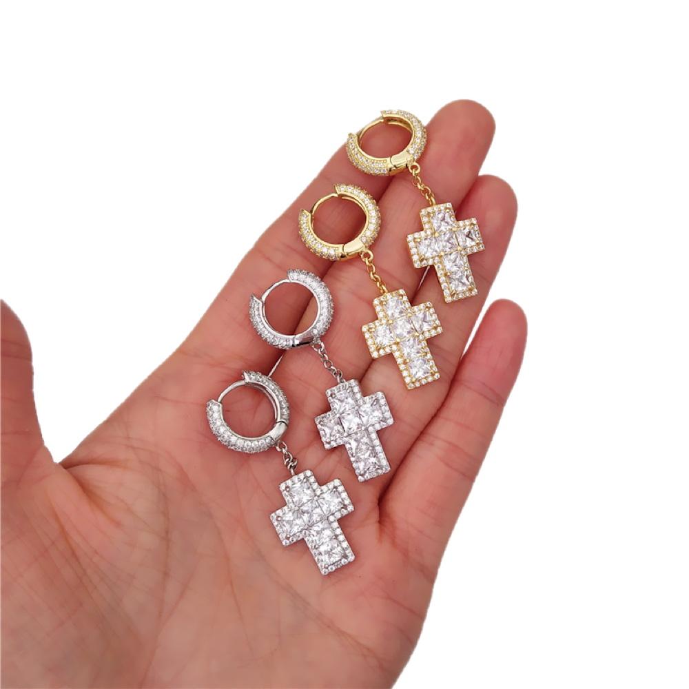 Thick Princess Cross Dangling Huggie Hoop Icedout Earrings .925 Silver