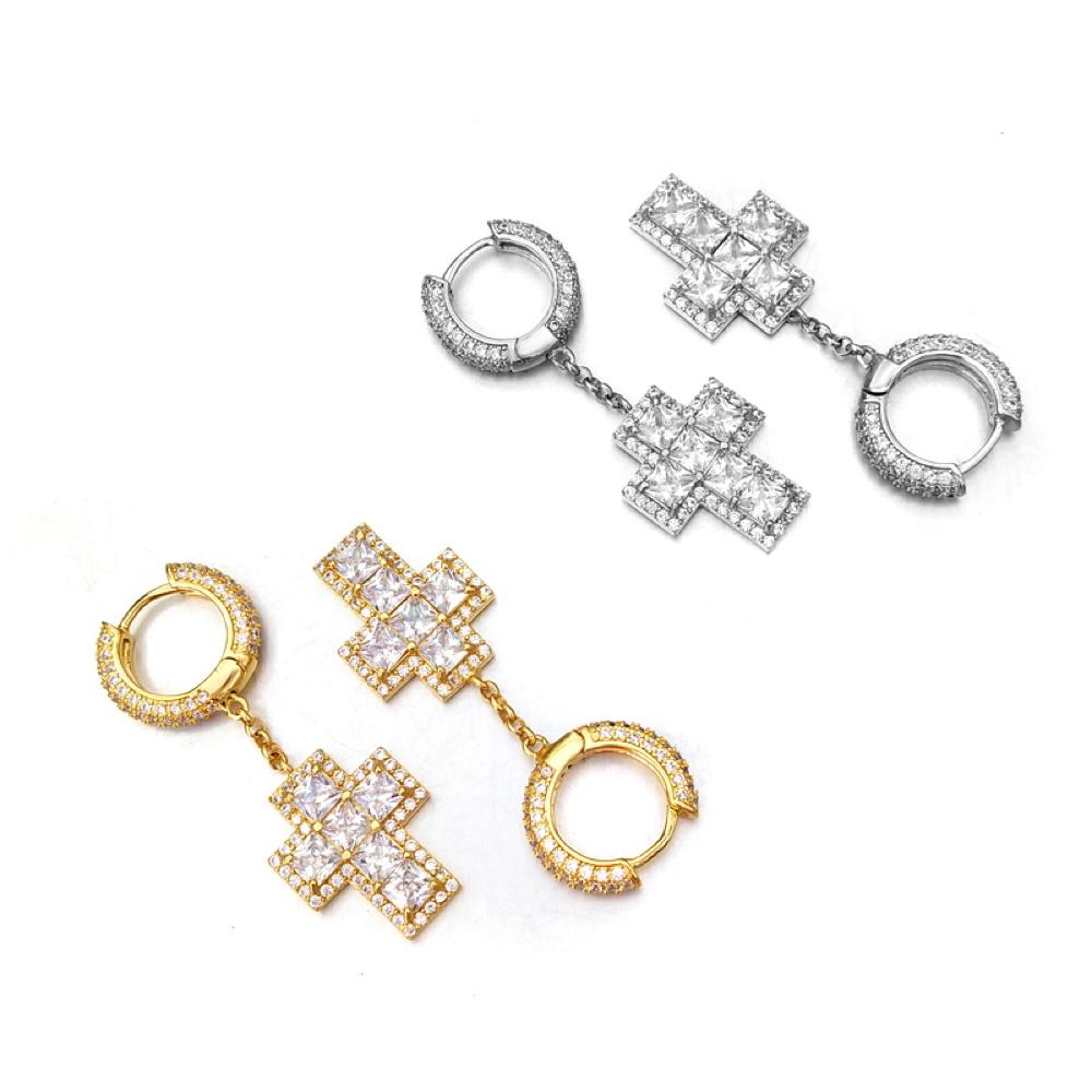 Thick Princess Cross Dangling Huggie Hoop Icedout Earrings .925 Silver