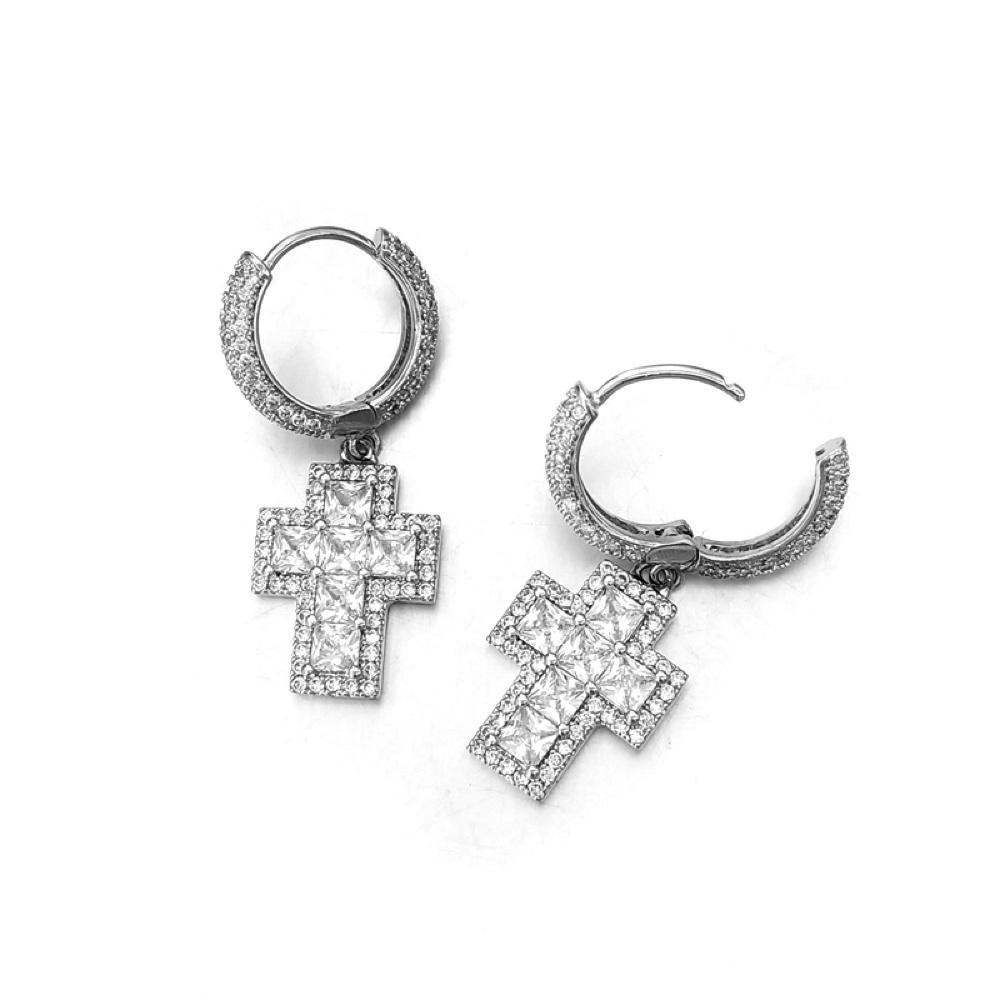 Thick Princess Cross Dangling Huggie Hoop Icedout Earrings .925 Silver