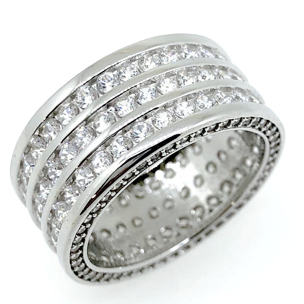 Triple Row CZ Eternity Band Bling Bling Ring in Rhodium