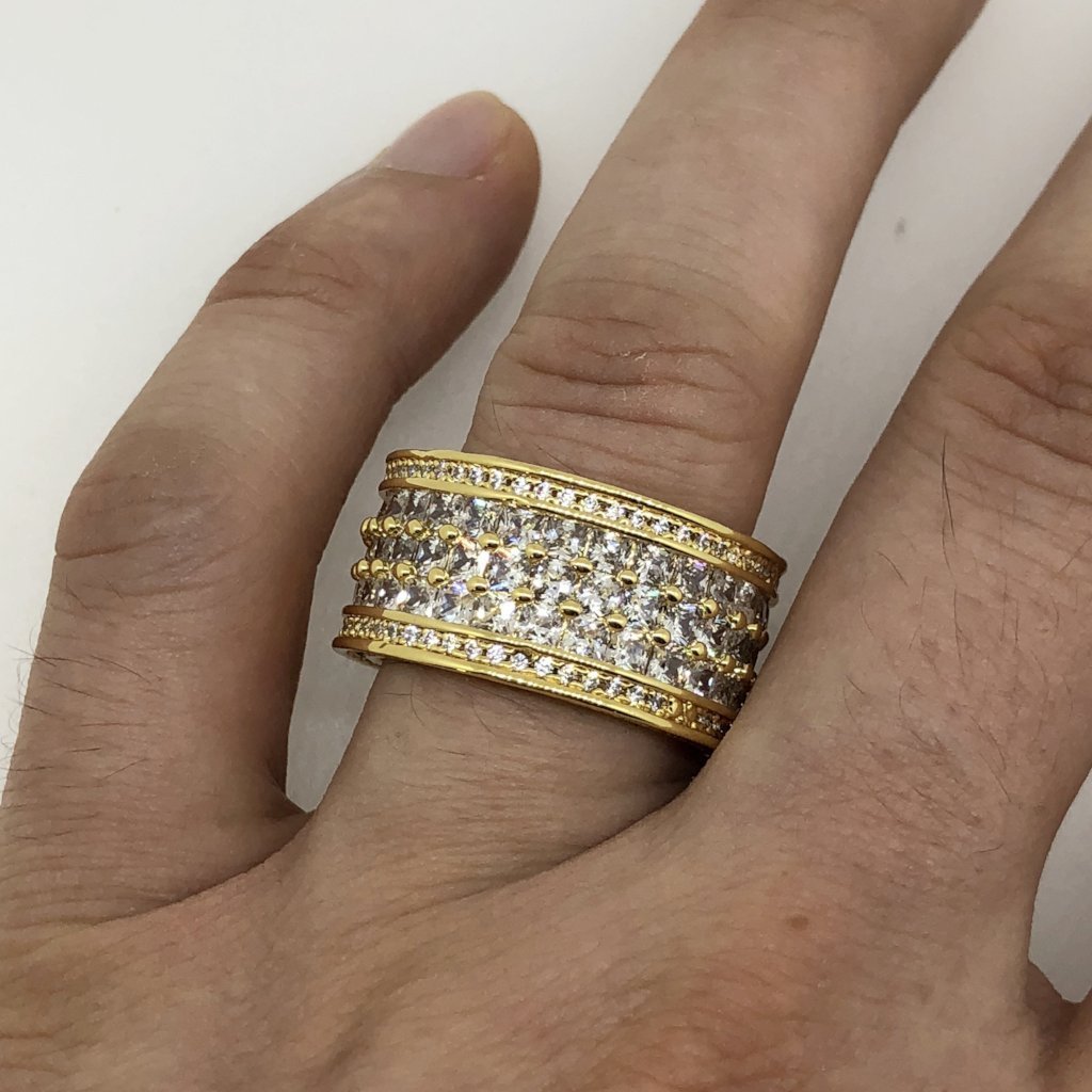 Triple Row Princess Cut Eternity Band Gold Mens CZ Bling Ring