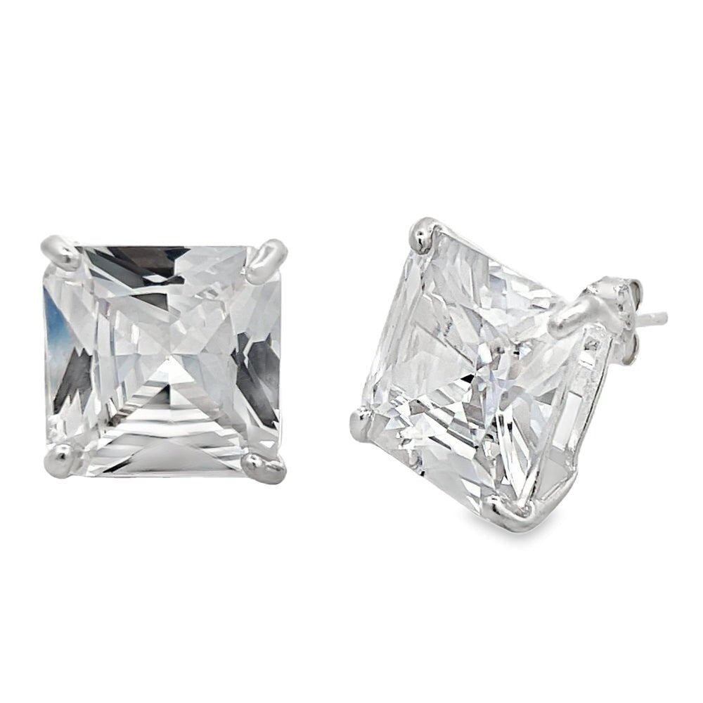 XL 15MM Princess Cut CZ Stud Earrings .925 Sterling Silver