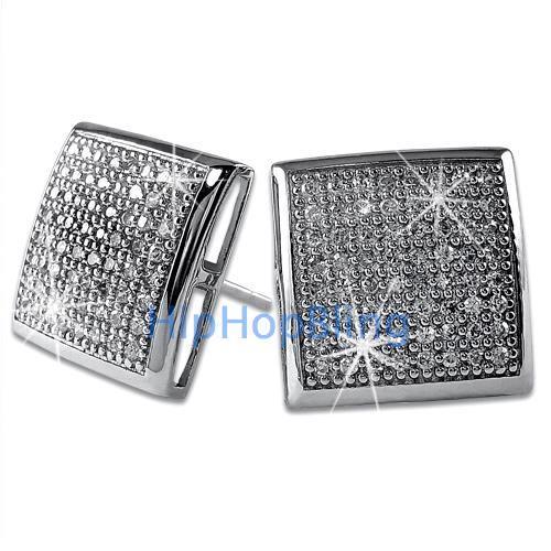 XXL CZ Puffed Box Bling Bling Micro Pave Earrings .925 Silver