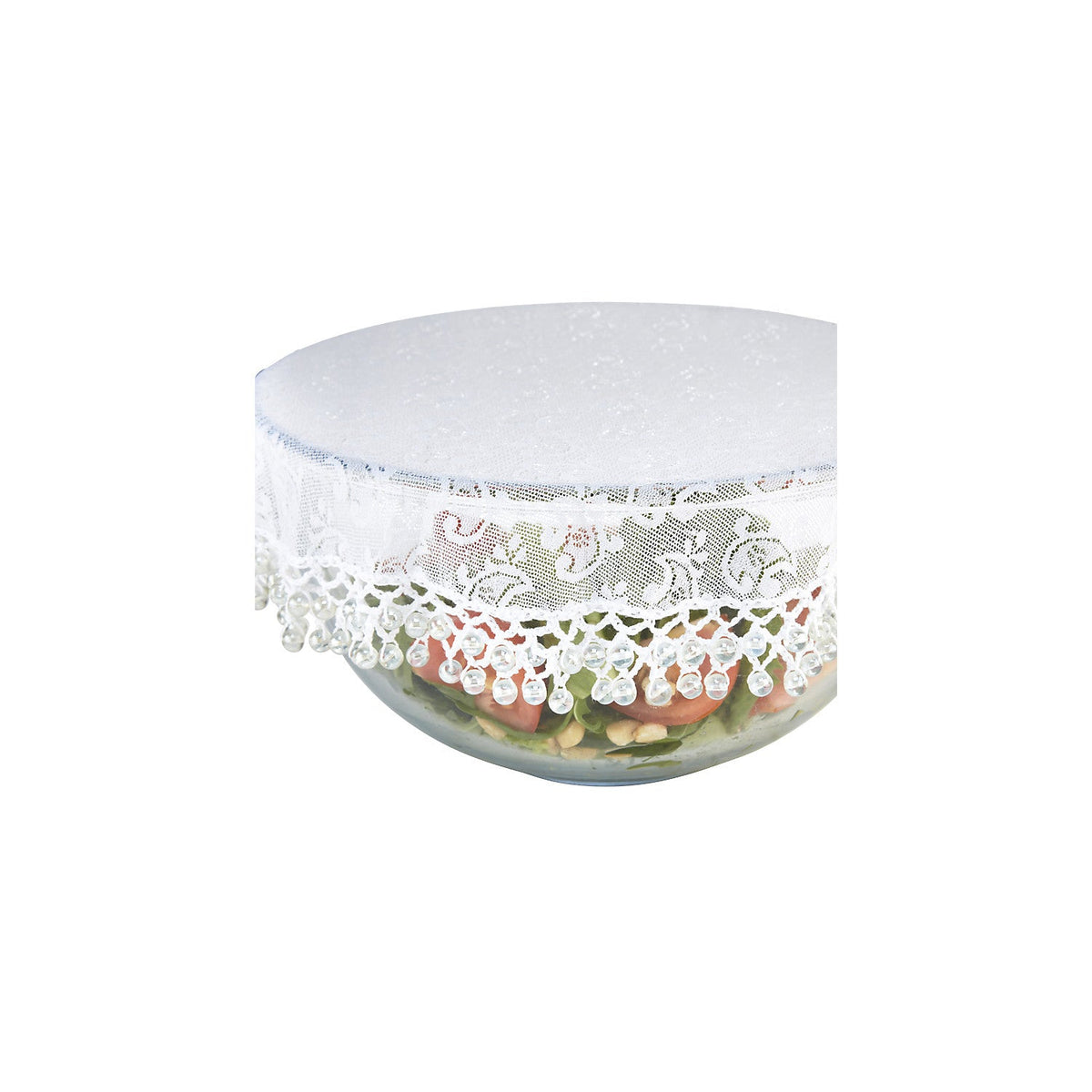 Lace Effect Beaded Food Bowl & Pot Cover - 32cm White