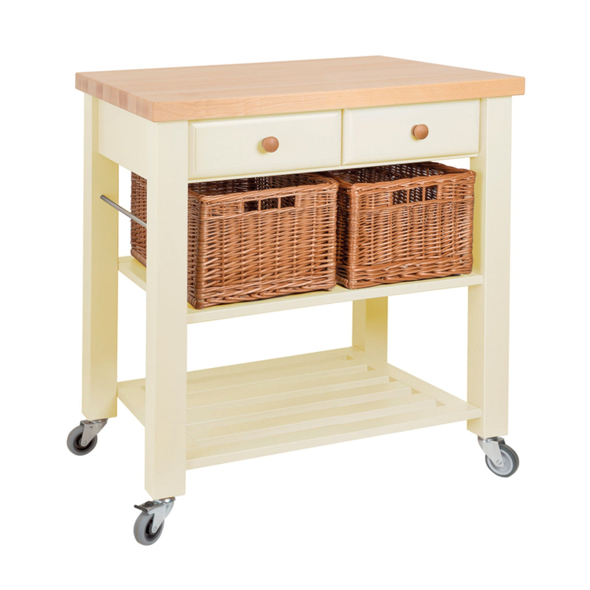 Eddingtons Two Drawer Cream Lambourn Trolley With Solid Beech Top