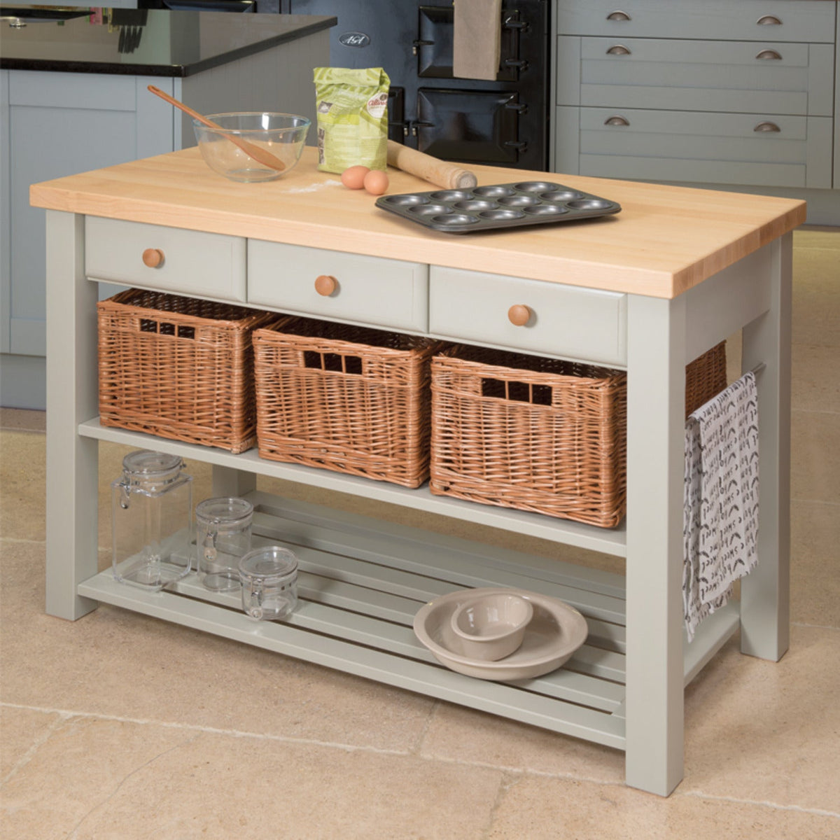 Eddingtons Three Drawer French Grey Lambourn Trolley Beech Top
