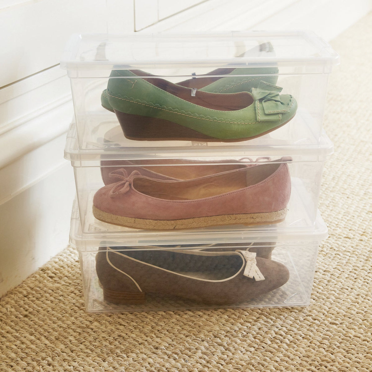 3 Stackable Clear Plastic Shoe Storage Boxes - Up to Size 8 Shoe