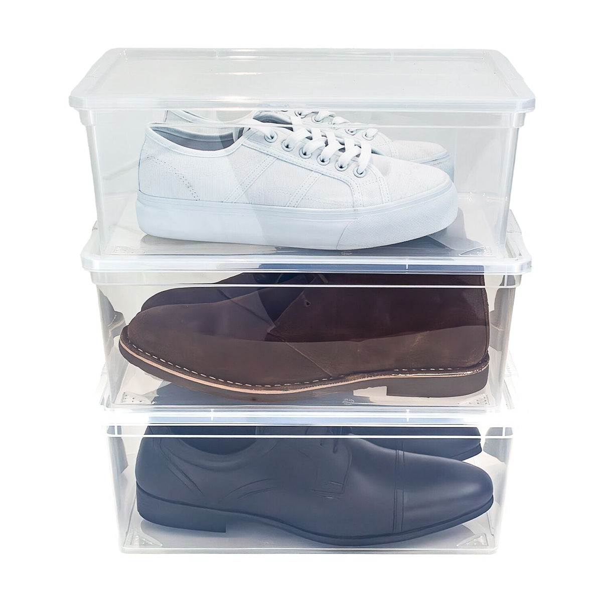 3 Stackable Clear Plastic Shoe Storage Boxes - Size 12 Shoe