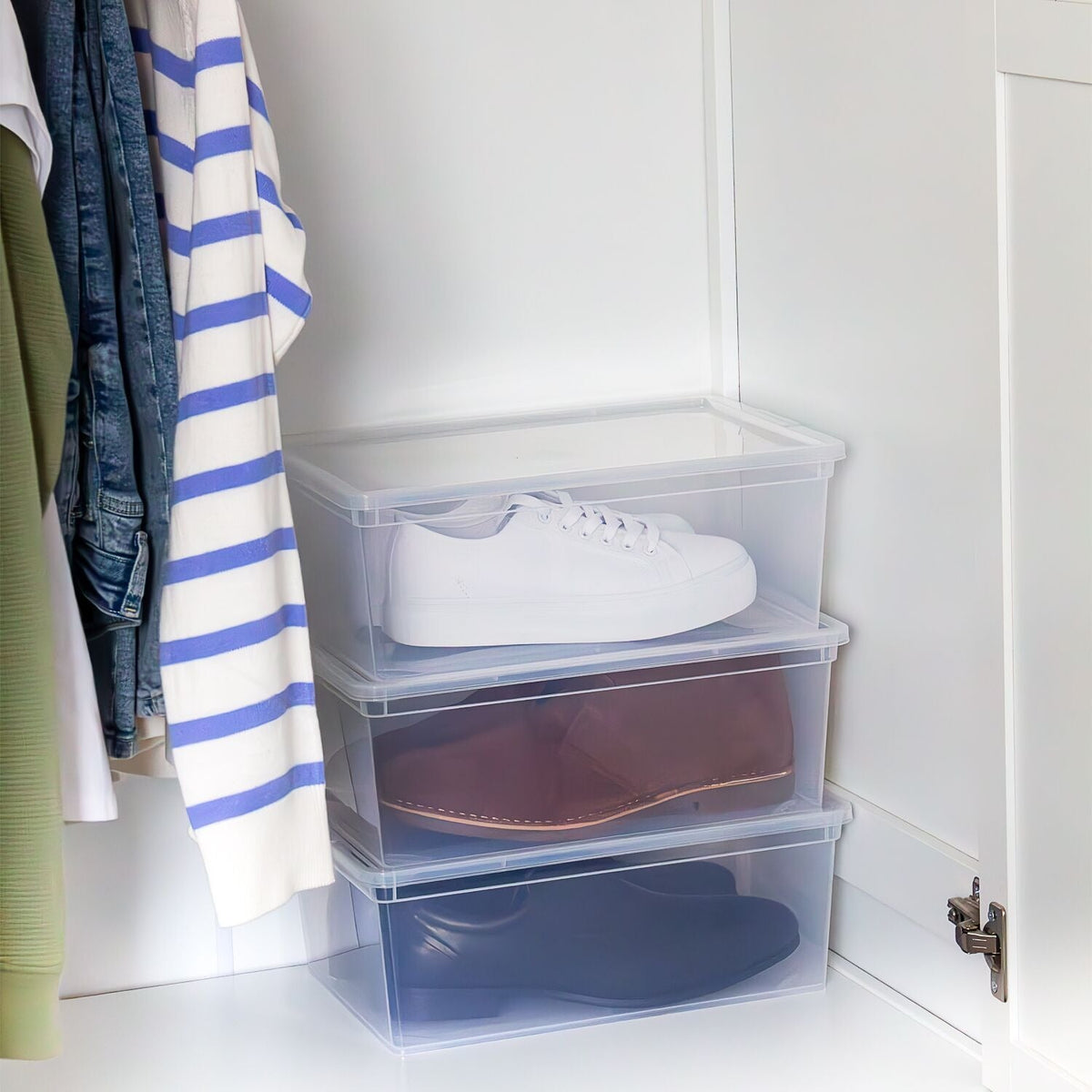 3 Stackable Clear Plastic Shoe Storage Boxes - Size 12 Shoe