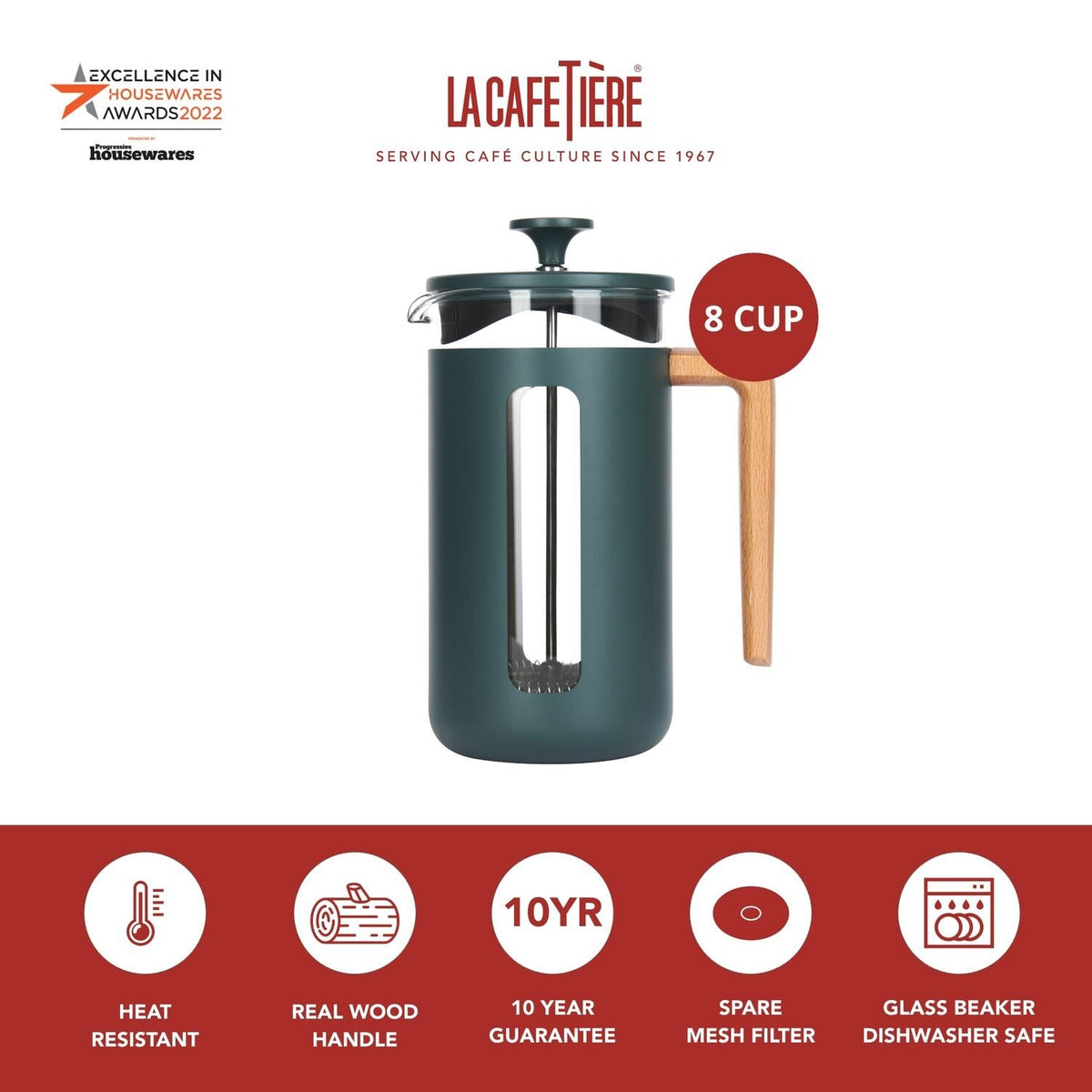 La Cafetière Pisa Stainless Steel Eight Cup Cafetière in Hunter Green LCPISA8CPGRNW