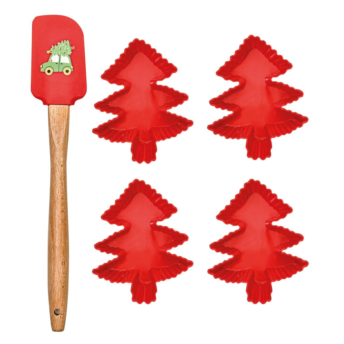 4 Christmas Tree Silicone Cake Moulds and Spatula Set