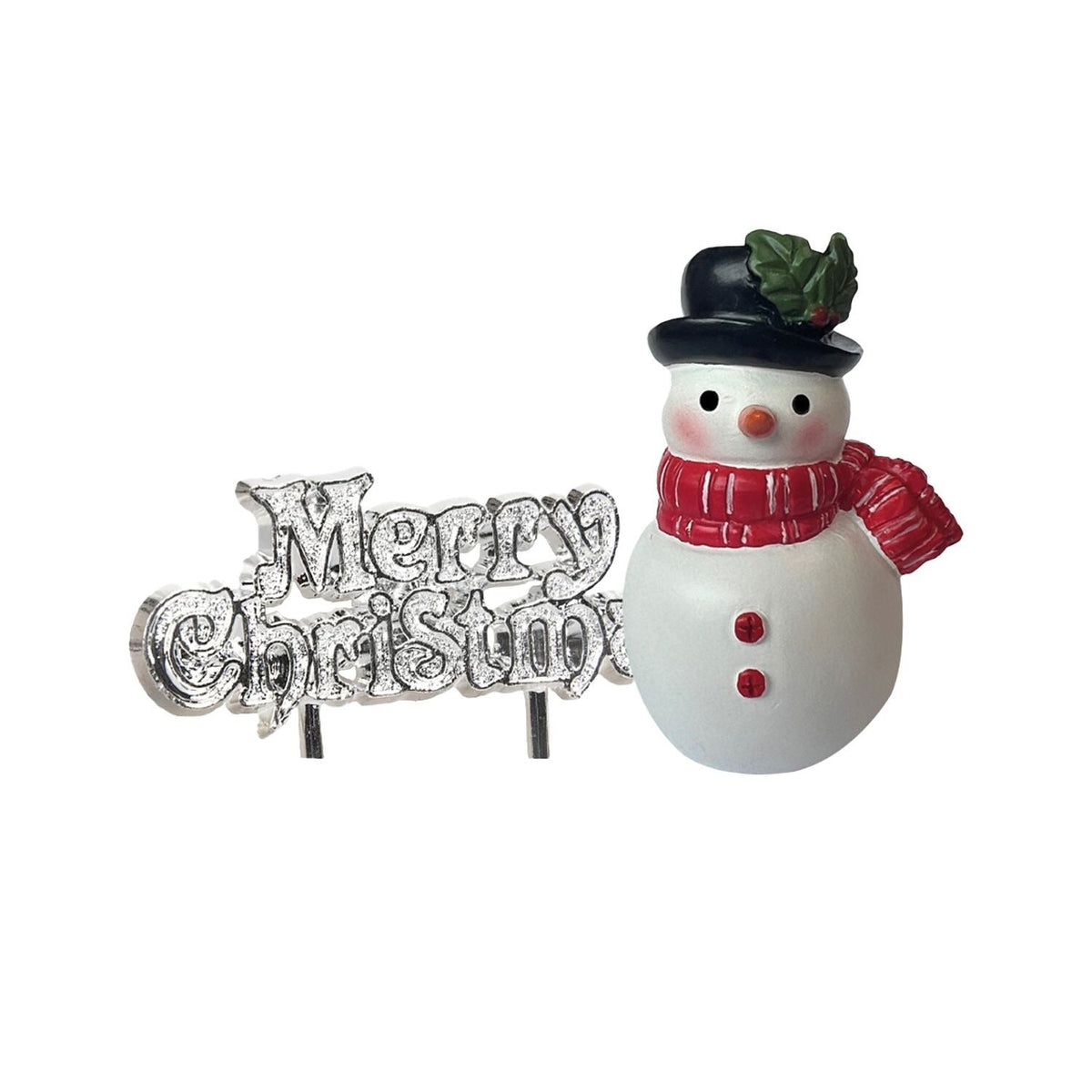Icons of Chrismas Snowman Resin Cake Topper and Silver Merry Christmas Motto