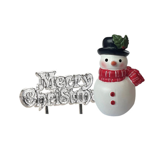 Icons of Chrismas Snowman Resin Cake Topper and Silver Merry Christmas Motto