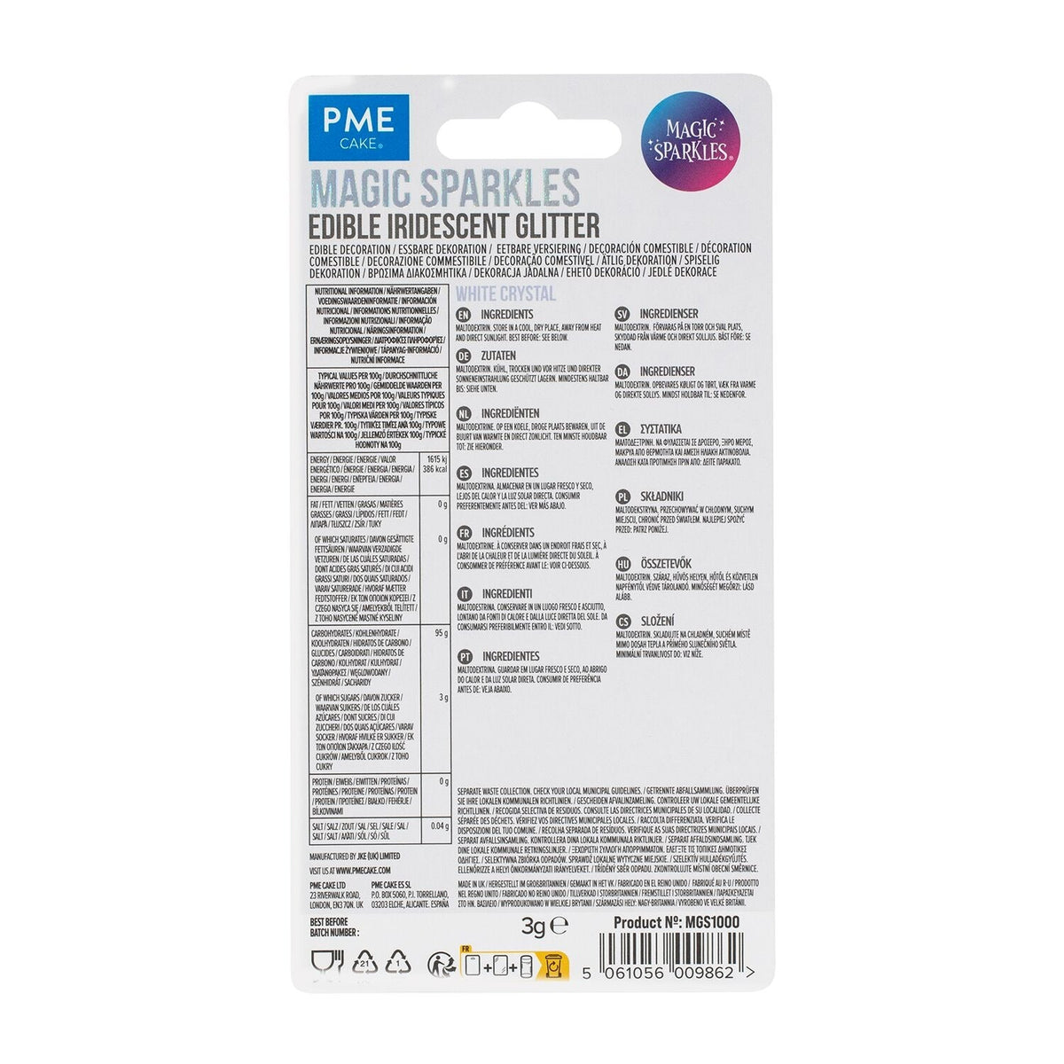 PME Magic Sparkles Edible Iridescent Glitter – White Crystal 3g