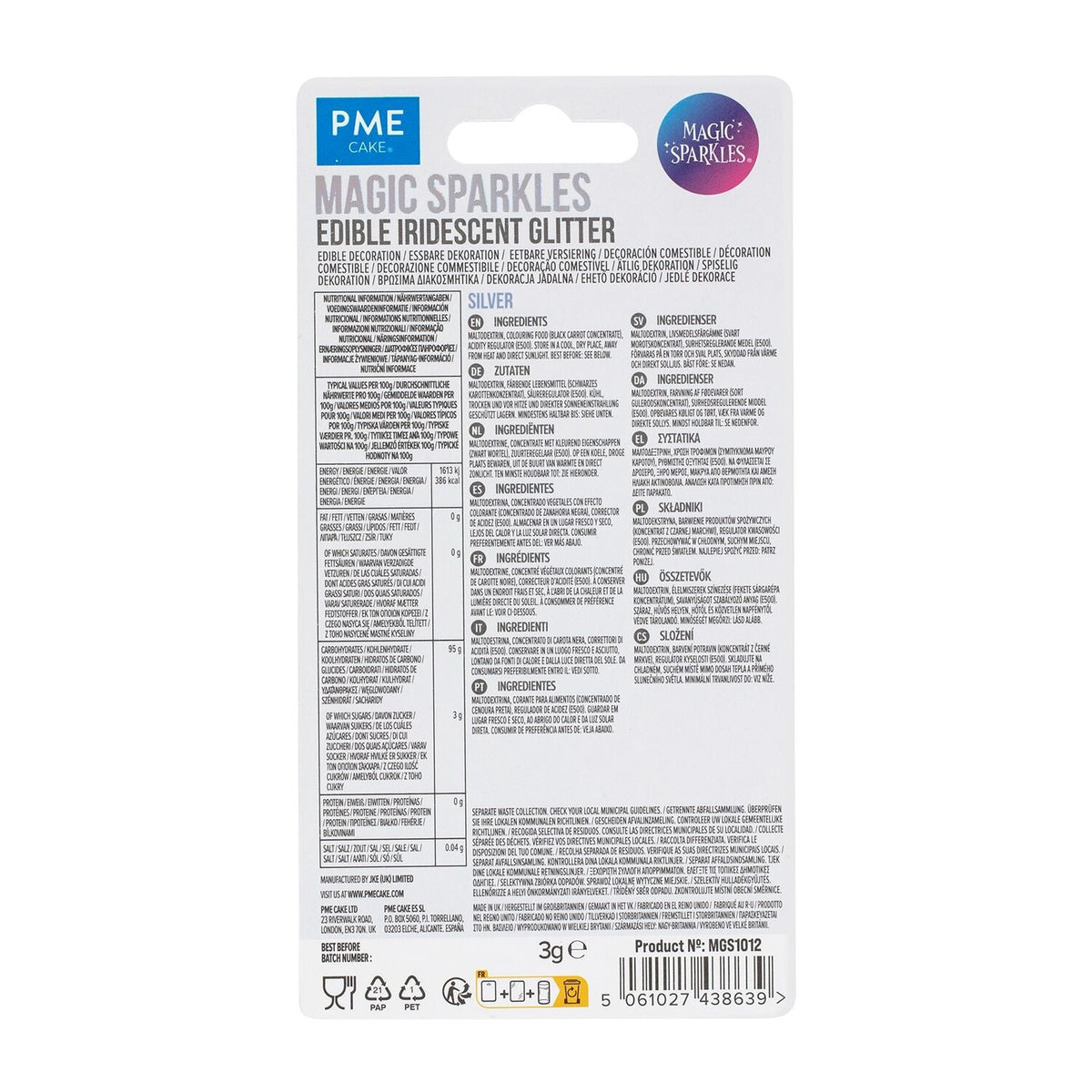 PME Magic Sparkles Edible Iridescent Glitter – Silver 3g