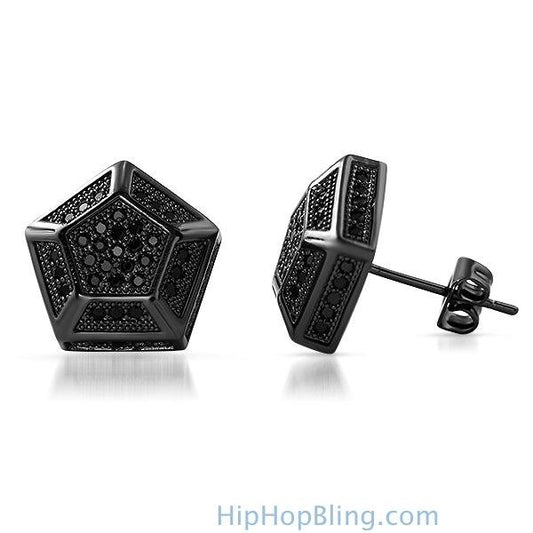 3D Pentagon Black CZ Bling Bling Earrings