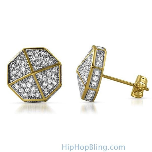 3D Pointed Octagon Gold CZ Hip Hop Earrings