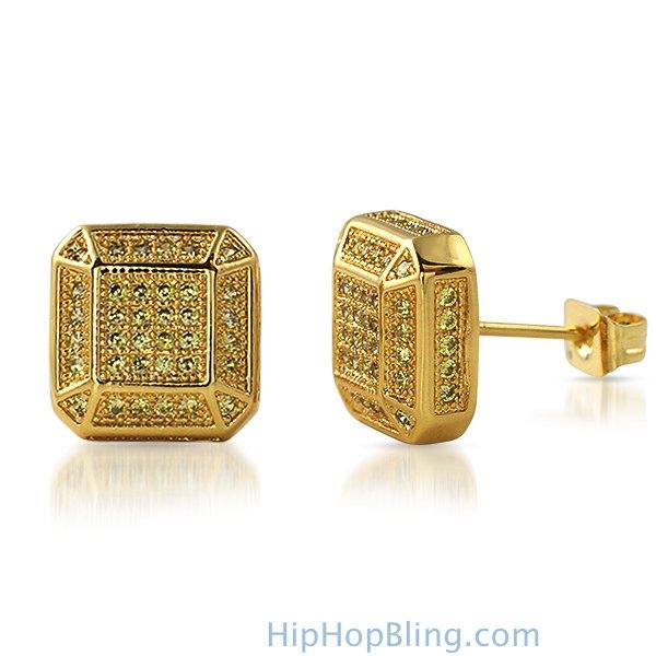 3D Smooth Box Lemonade CZ Micro Pave Bling Earrings