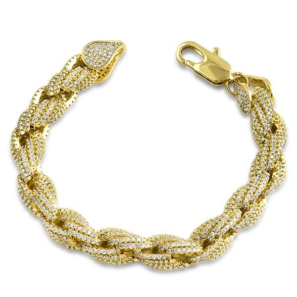 .925 Silver Gold Rope 10MM CZ Bling Bling Bracelet