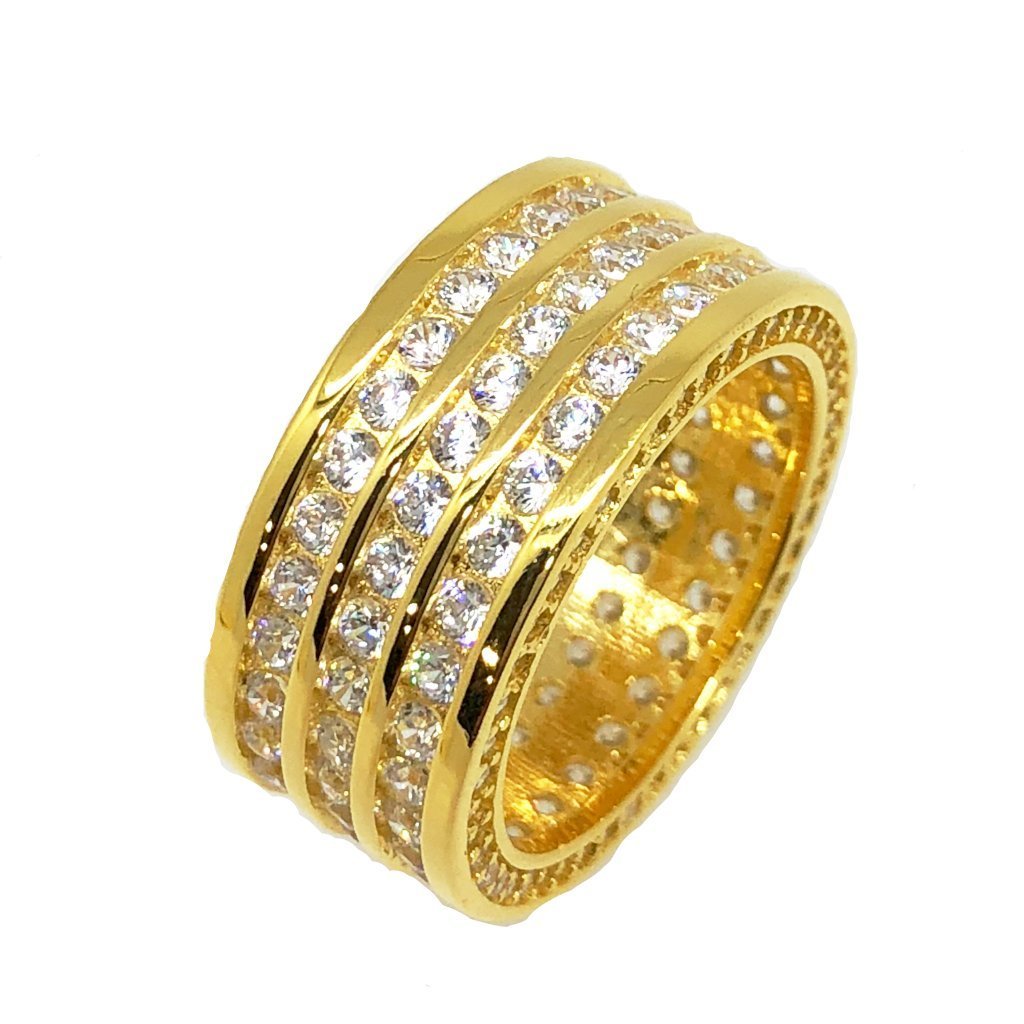 .925 Silver Triple Row CZ Eternity Band Bling Bling Ring in Gold