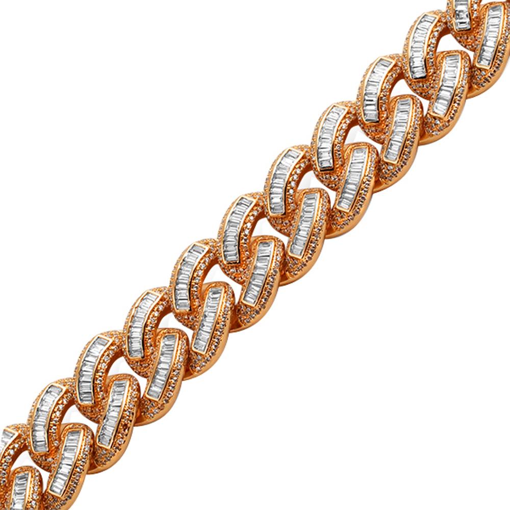 .925 Sterling Silver Rose Gold Baguette Cuban Bling Bling Bracelet
