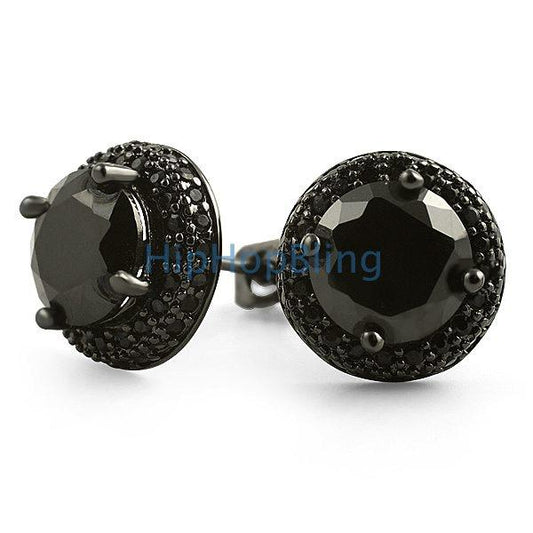 Black Solitaire Center Micro Pave Border CZ Earrings