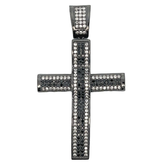 Black & White Stripe Black Cross CZ Iced Out Pendant