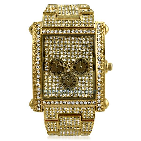 Custom Rectangle Gold Bling Bling Watch