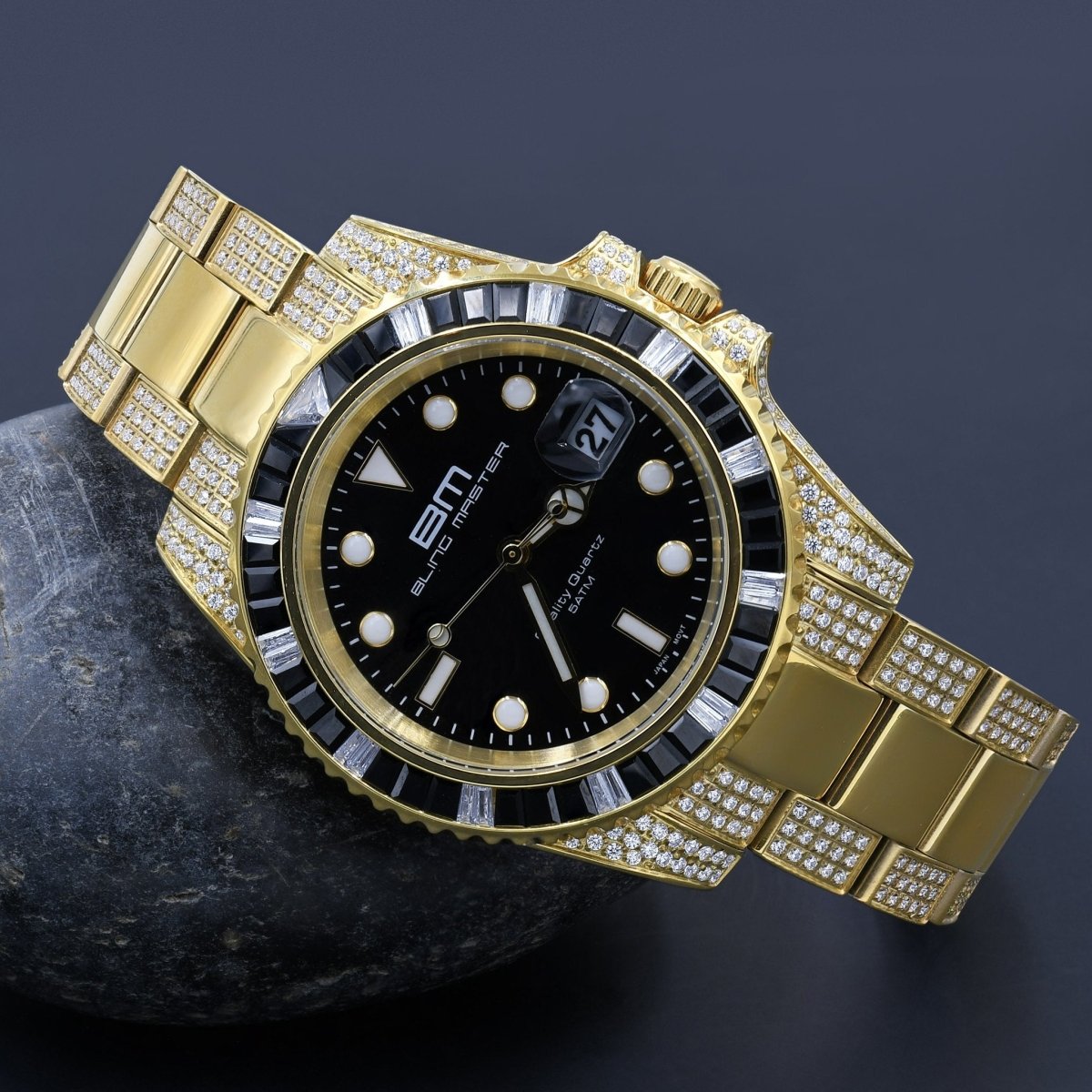 Divers CZ Black Dial Date Edge Link Iced Out Watch