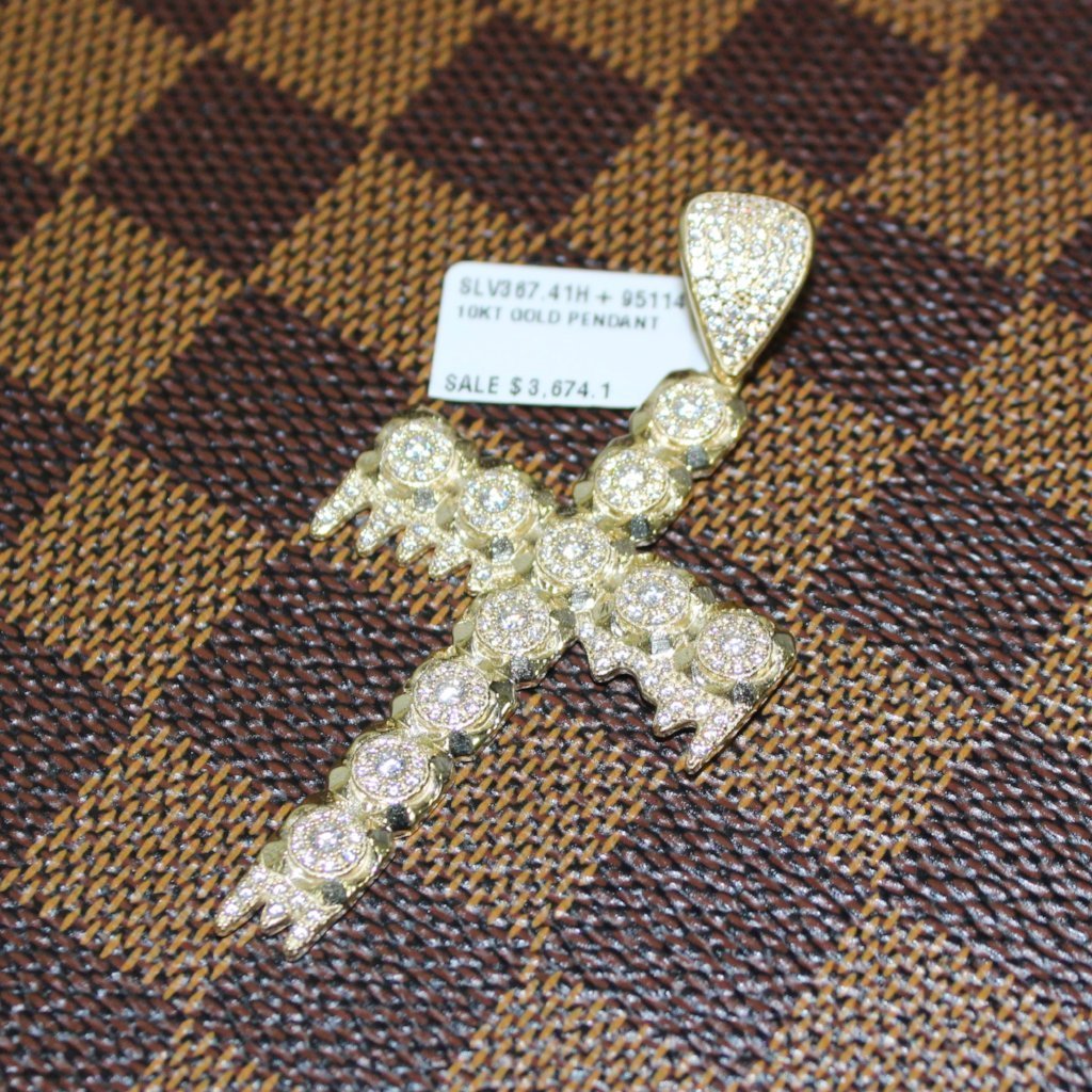 Drip Cluster Tennis Cross VVS CZ 10K Yellow Gold