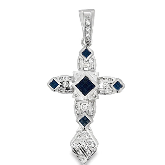 Fancy Princess Cross Blue CZ Pendant .925 Sterling Silver
