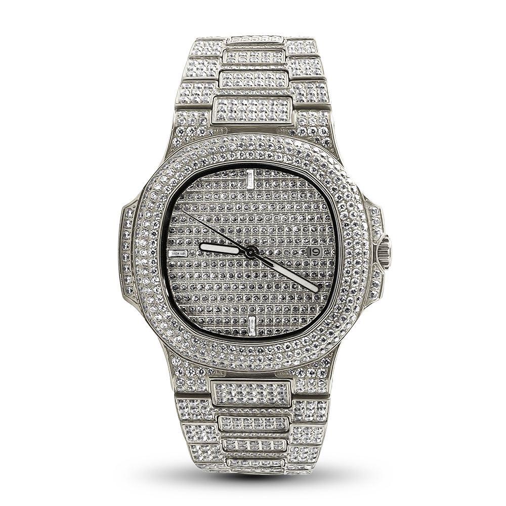 Modern CZ Stainless Steel Watch in White Gold