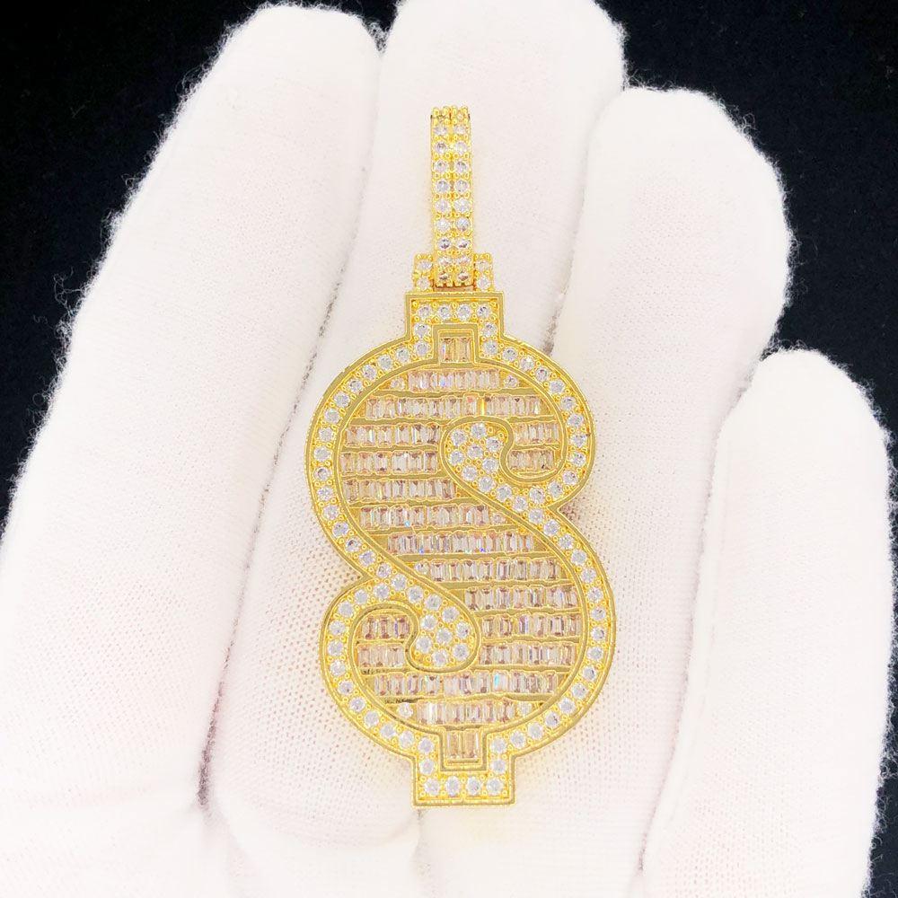 Money Dollar Sign Baguette Iced Out Hip Hop Pendant
